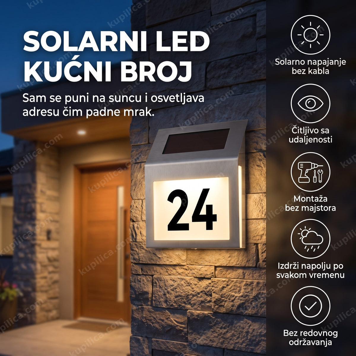 solarni led kućni broj sa brojem 24 osvetljen uveče na fasadi kuće, benefiti proizvoda