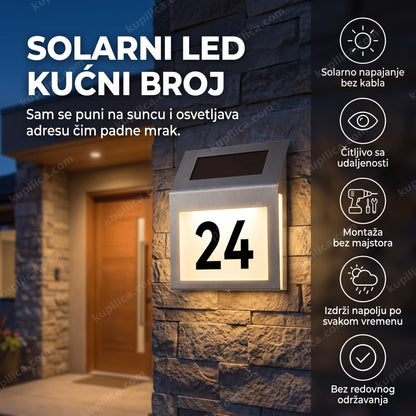 solarni led kućni broj sa brojem 24 osvetljen uveče na fasadi kuće, benefiti proizvoda