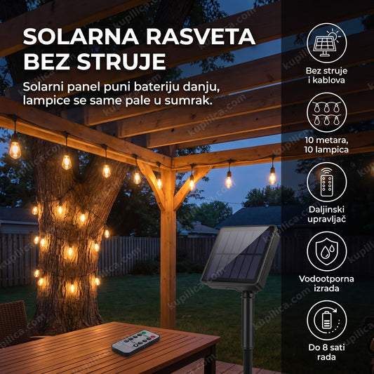 Solarni led niz upleten oko pergole u dvorištu uveče, toplo svetlo