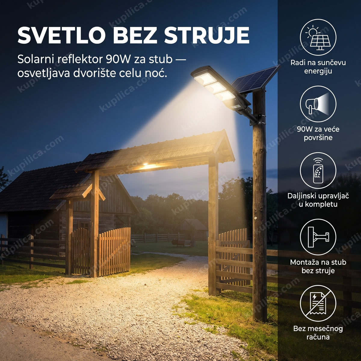 solarni led reflektor 90w montiran na stub kapije seoskog imanja u sumrak — benefiti proizvoda