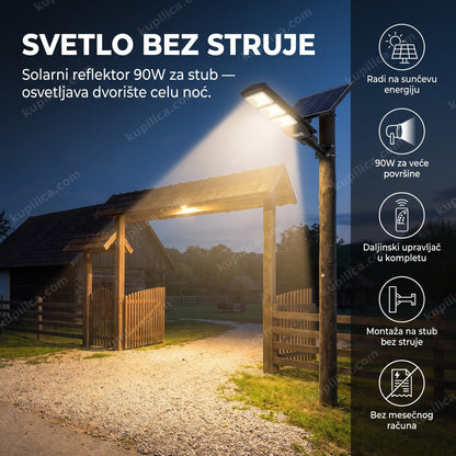 solarni led reflektor 90w montiran na stub kapije seoskog imanja u sumrak — benefiti proizvoda