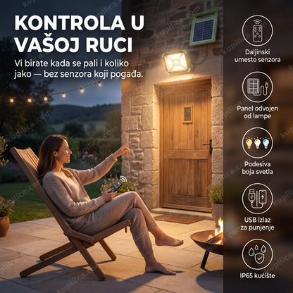 solarni led reflektor jlp-2196 sa daljinskim i power bankom — žena sedi na terasi i drži daljinski, lampa iznad vrata, panel odvojen