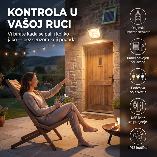 solarni led reflektor jlp-2196 sa daljinskim i power bankom — žena sedi na terasi i drži daljinski, lampa iznad vrata, panel odvojen