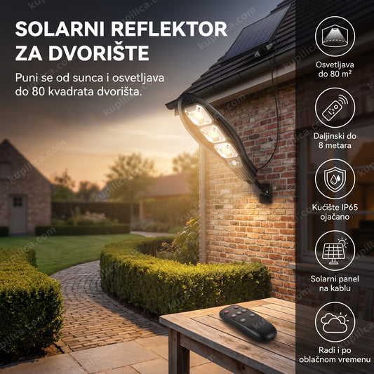solarni led reflektor montiran na zidu dvorišta uveče sa prikazom benefita proizvoda