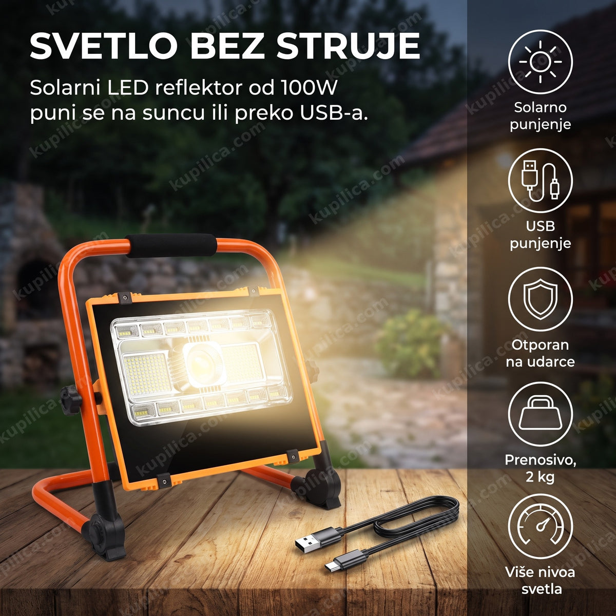 solarni led reflektor osvetljava dvorište vikendice uveče, benefiti proizvoda