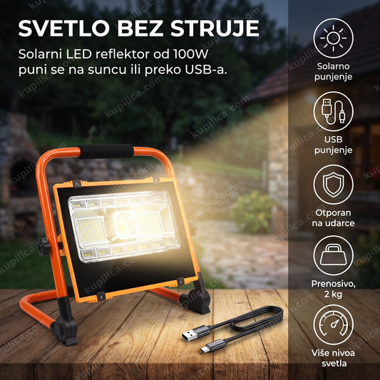 solarni led reflektor osvetljava dvorište vikendice uveče, benefiti proizvoda
