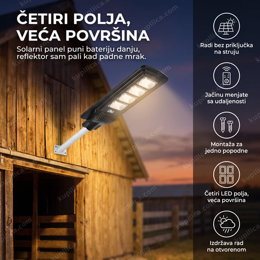solarni led reflektor montiran pored štale na imanju u sumrak, benefiti proizvoda
