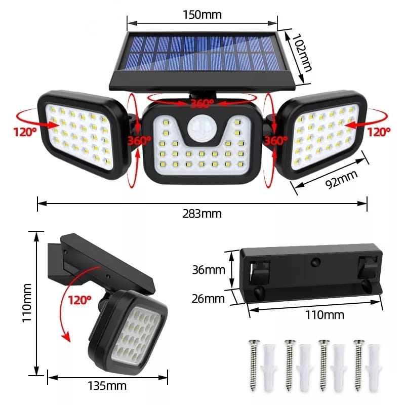solarni led reflektor sa senzorom pokreta i 3 glave — detalj 1