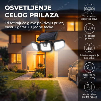 solarni led reflektor sa senzorom pokreta osvetljava prilaz kući noću, benefiti proizvoda