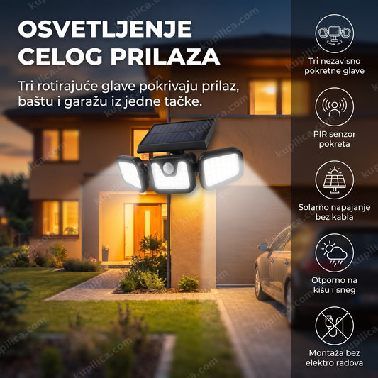 solarni led reflektor sa senzorom pokreta osvetljava prilaz kući noću, benefiti proizvoda
