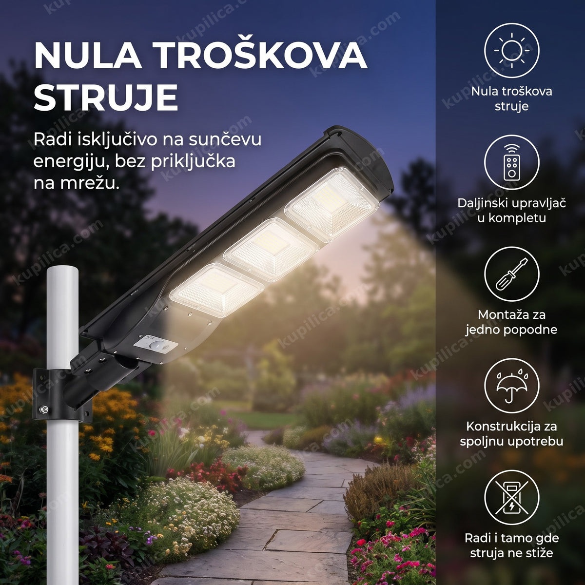 solarni led reflektor stubni pored baštenske staze u sumrak, benefiti proizvoda