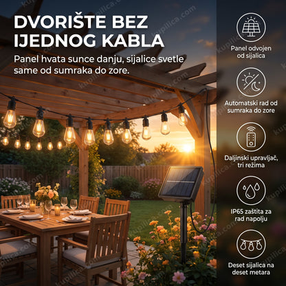 solarni niz sijalica za dvorište okačen preko pergole u sumrak, benefiti proizvoda