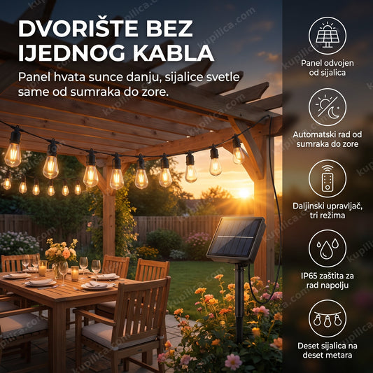 solarni niz sijalica za dvorište okačen preko pergole u sumrak, benefiti proizvoda