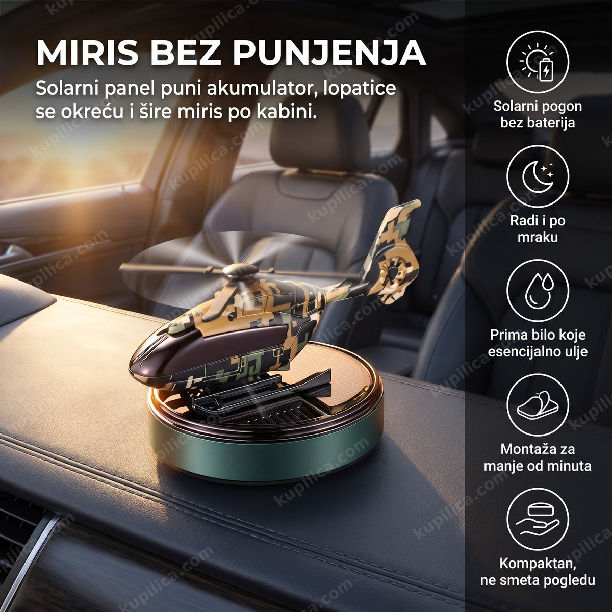 Solarni osveživač vazduha za auto u obliku helikoptera na tabli automobila na suncu — benefiti proizvoda