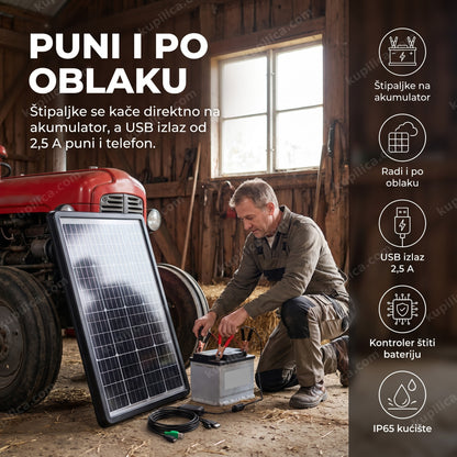solarni panel 15w gd-120 prenosivi punjač za akumulator — muškarac kači štipaljke solarnog panela na akumulator traktora, usb izlaz 2,5a