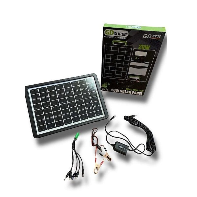 solarni panel punjač 20W GD-120S sa kutijom, štipaljkama i usb kablovima