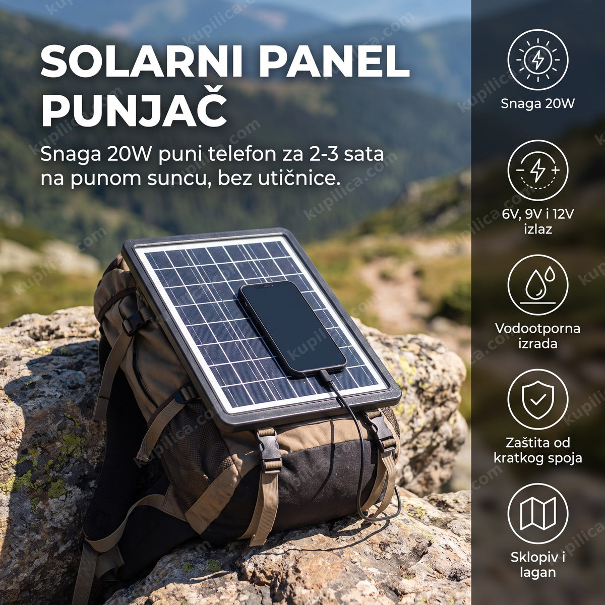 Solarni panel punjač na rancu tokom planinarenja, prikaz benefiti proizvoda