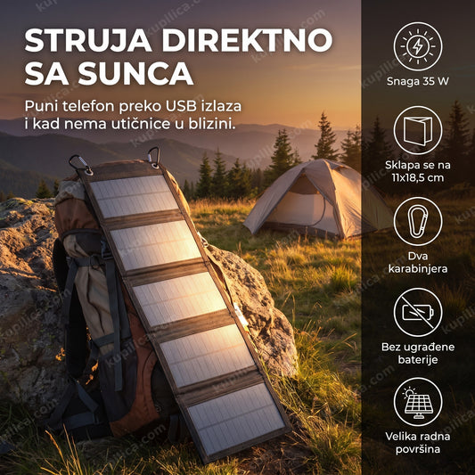 Rasklopljen solarni panel punjač okačen na ranac u kampu, benefiti proizvoda