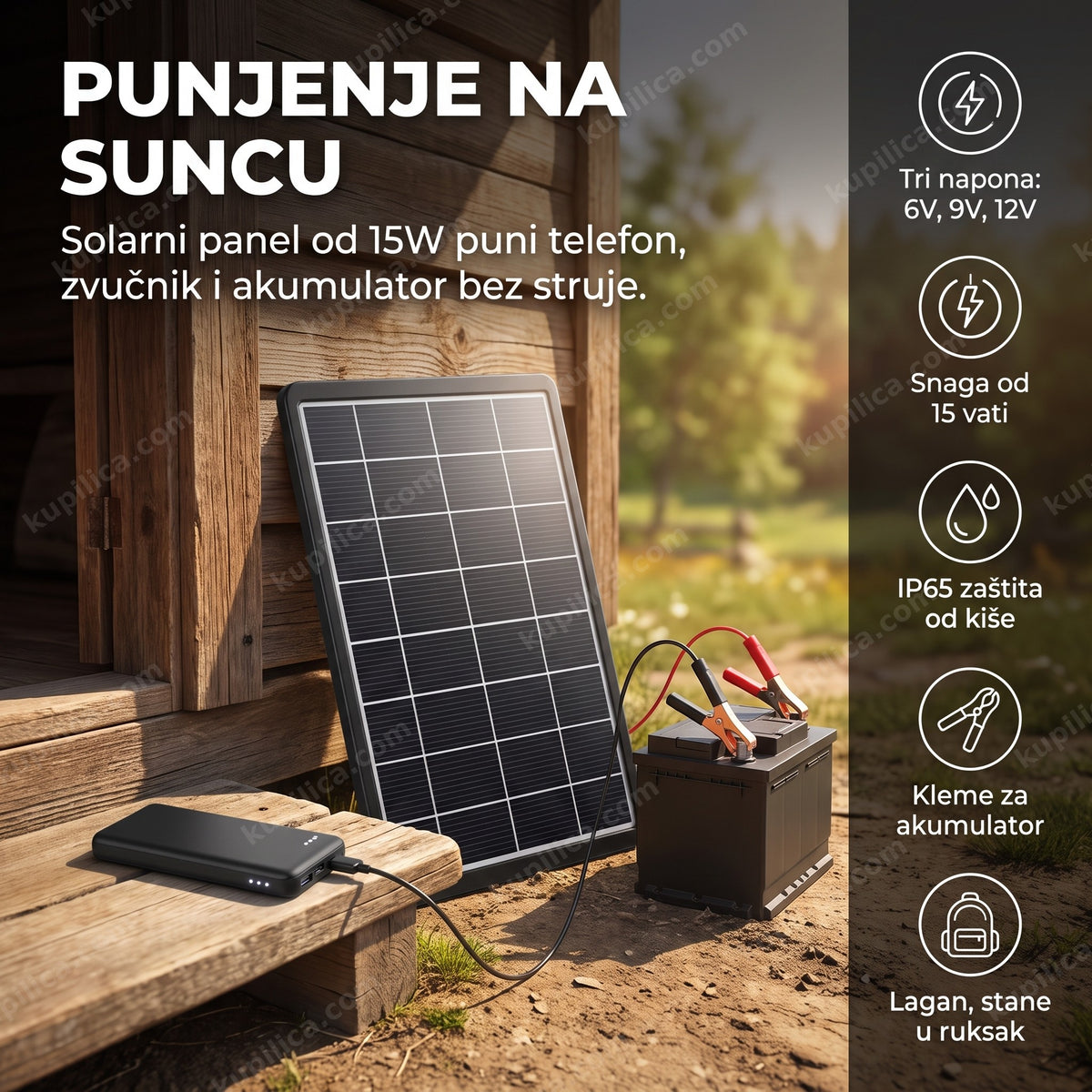 solarni panel punjač 15W na krovu vikendice pored akumulatora, benefiti proizvoda