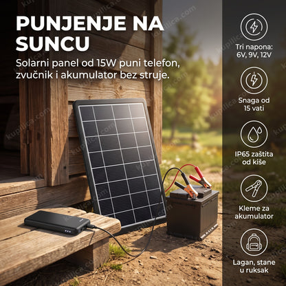 solarni panel punjač 15W na krovu vikendice pored akumulatora, benefiti proizvoda