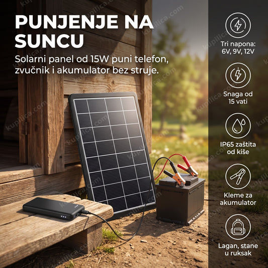 solarni panel punjač 15W na krovu vikendice pored akumulatora, benefiti proizvoda
