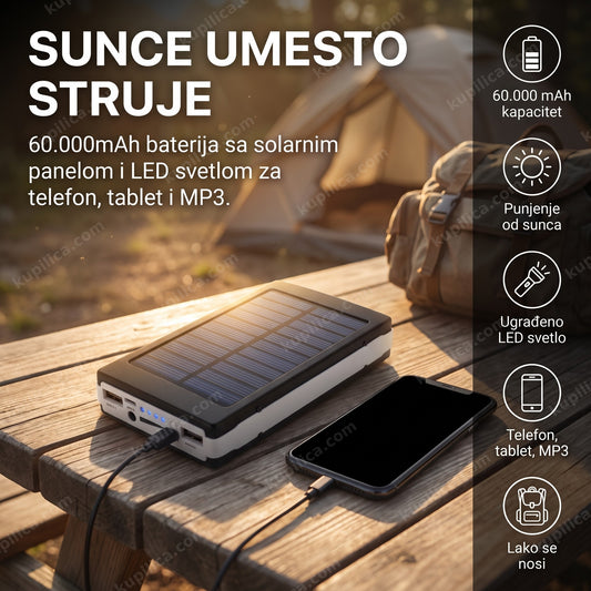 solarni powerbank 60000mah — uređaj sa solarnim panelom puni telefon na kamp stolu