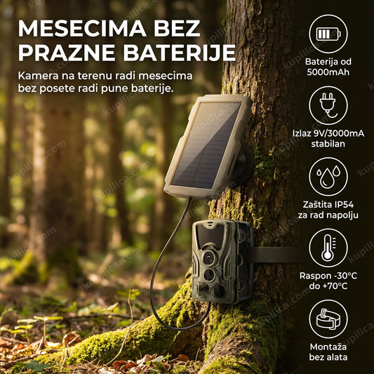 solarni punjač za lovačku kameru zakačen na stablu u šumi, benefiti proizvoda