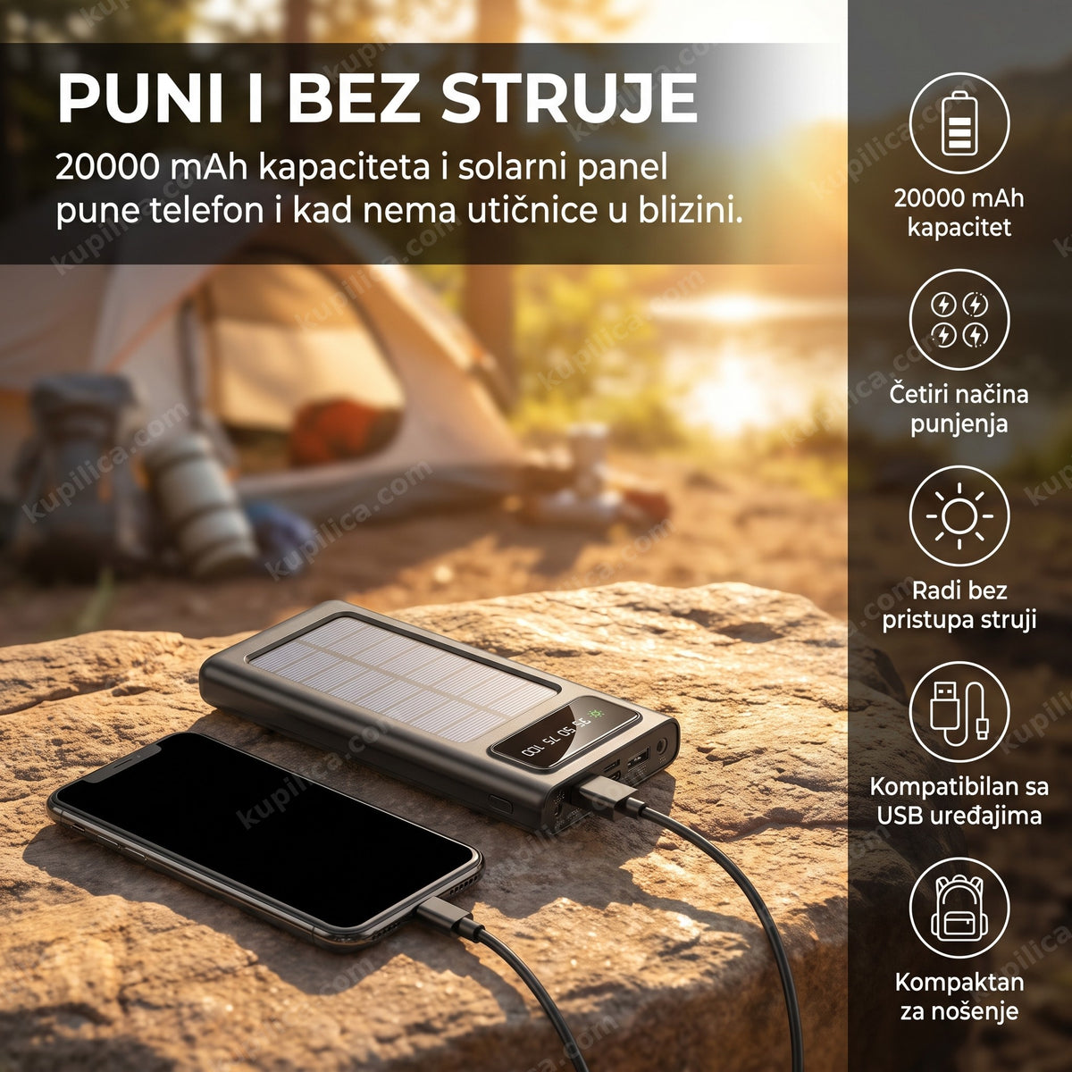 solarni punjač za telefon 20000mah na suncu tokom kampovanja, benefiti proizvoda