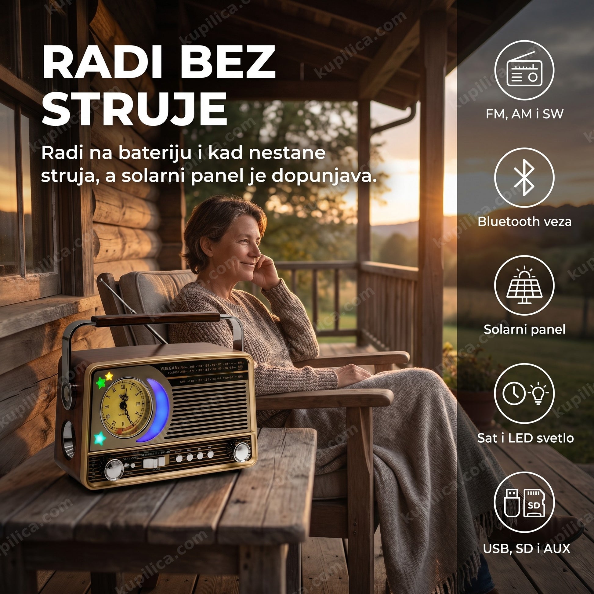 Retro radio sa solarnim panelom YG-7030 BTS na terasi vikendice uveče