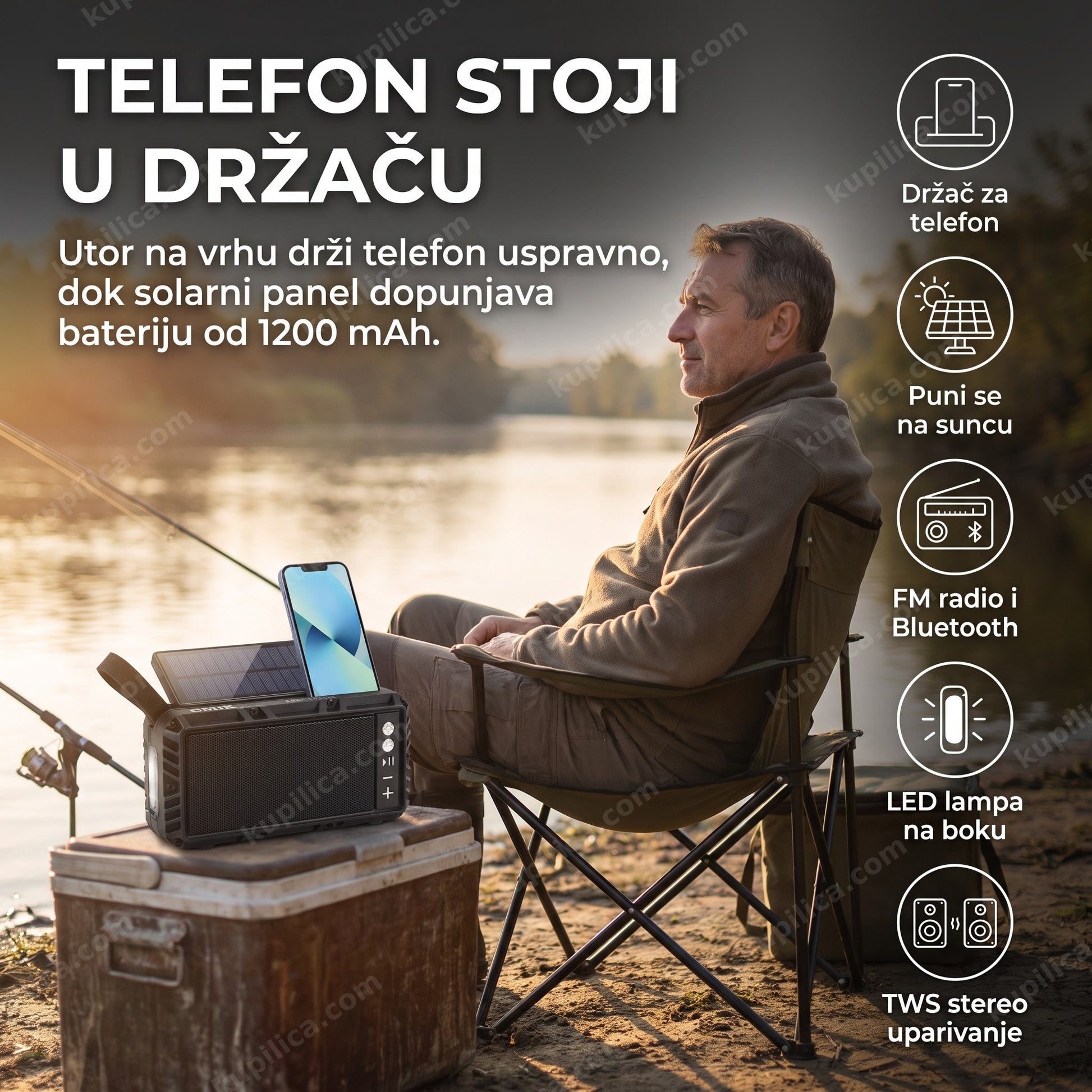 solarni radio cmik mk-103 sa bluetooth-om — muškarac peca na obali reke, telefon u držaču na radiju, solarni panel na suncu