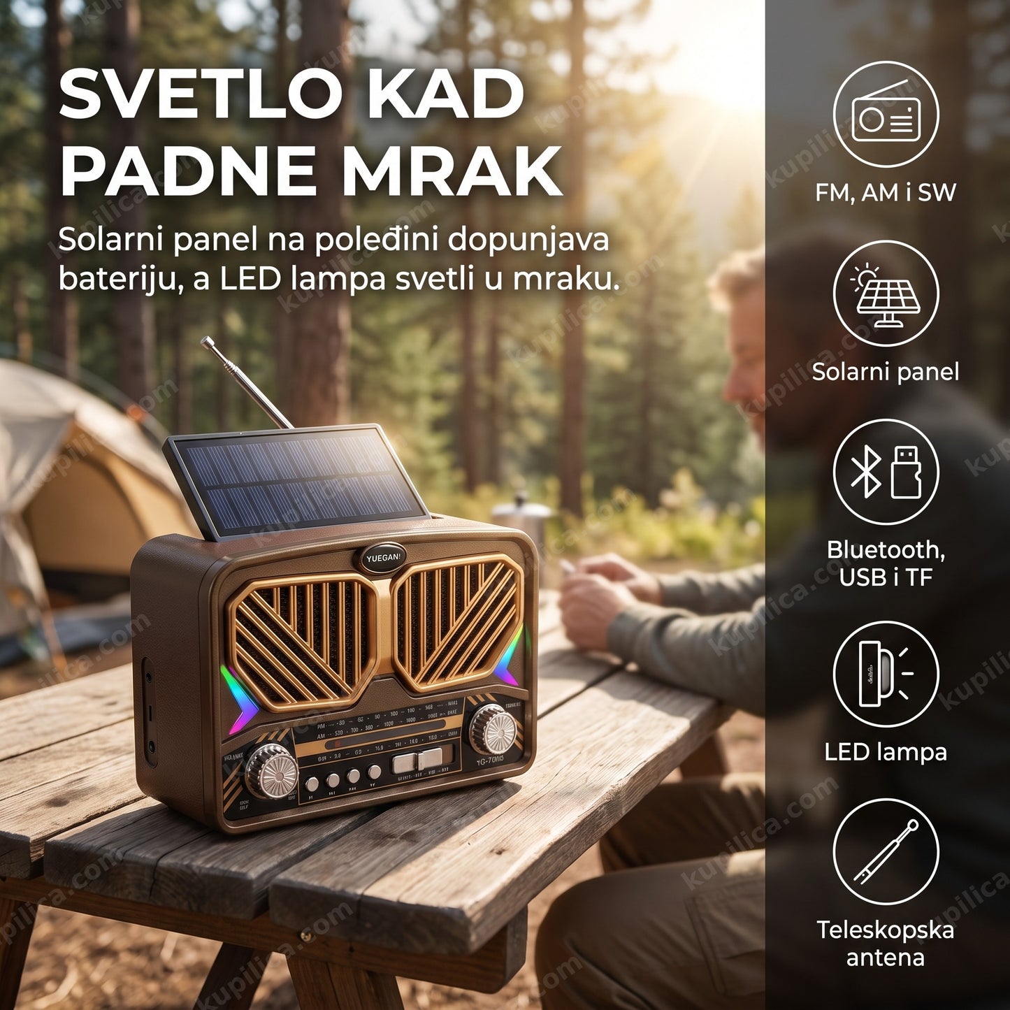 Retro solarni radio YG-7091 na kamp stolu sa podignutim solarnim panelom