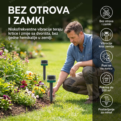 solarni rasterivač krtica zmija i glodara set 2 komada — muškarac postavlja uređaj u travnjak, vibracije kroz zemlju, bez otrova