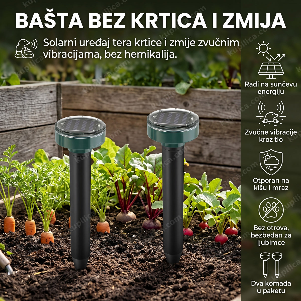 solarni rasterivač krtica i zmija zaboden u bašti, benefiti proizvoda