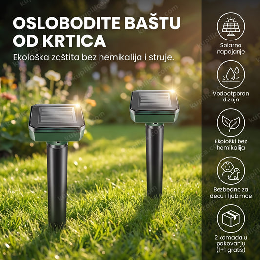 solarni rasterivač krtica postavljen u travnjaku, benefiti proizvoda
