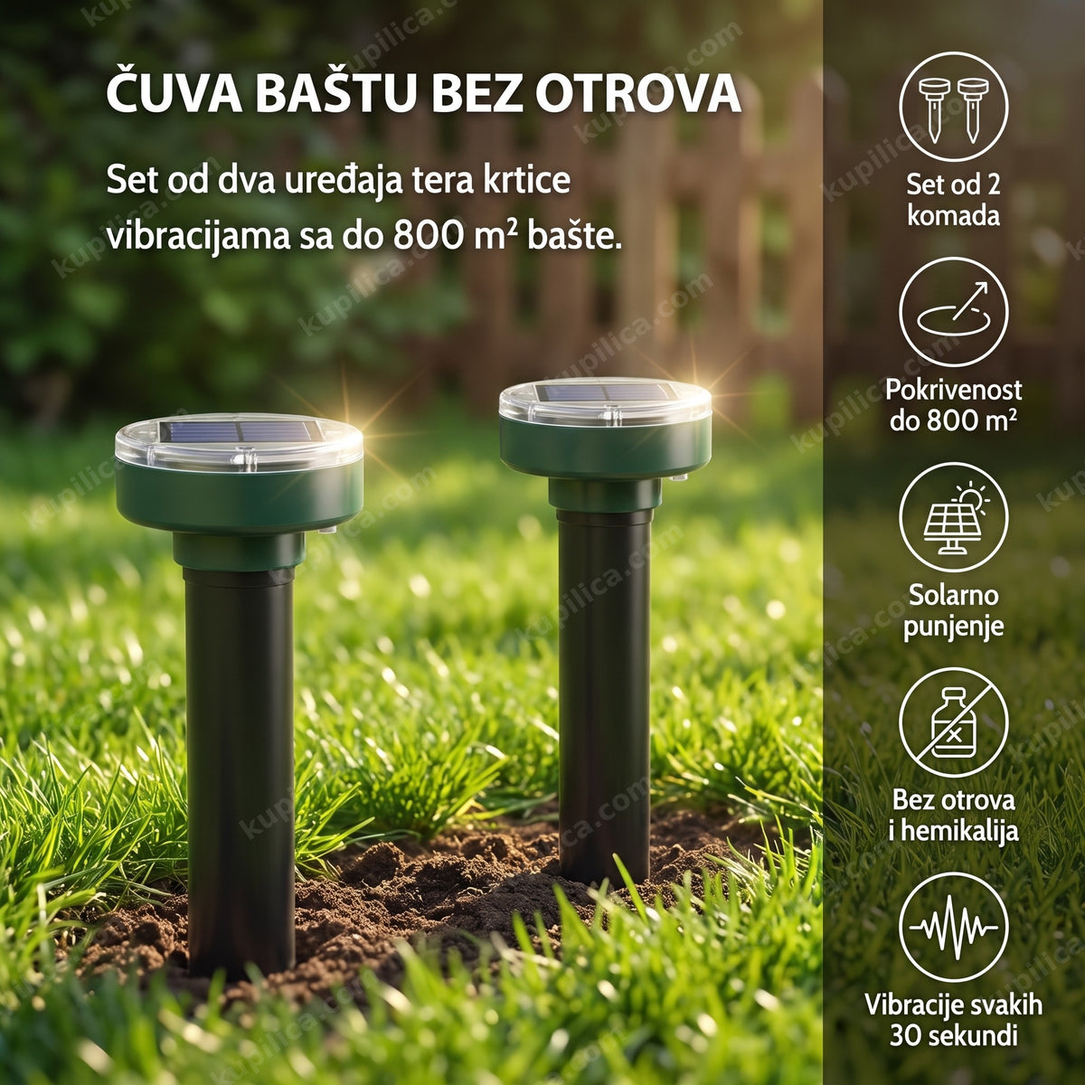 solarni rasterivač krtica set od 2 komada postavljen u bašti, benefiti proizvoda
