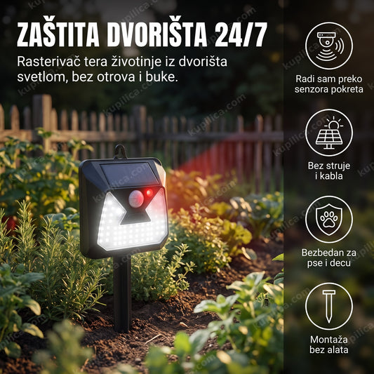 solarni rasterivač životinja postavljen u dvorištu pored bašte u sumrak, benefiti proizvoda