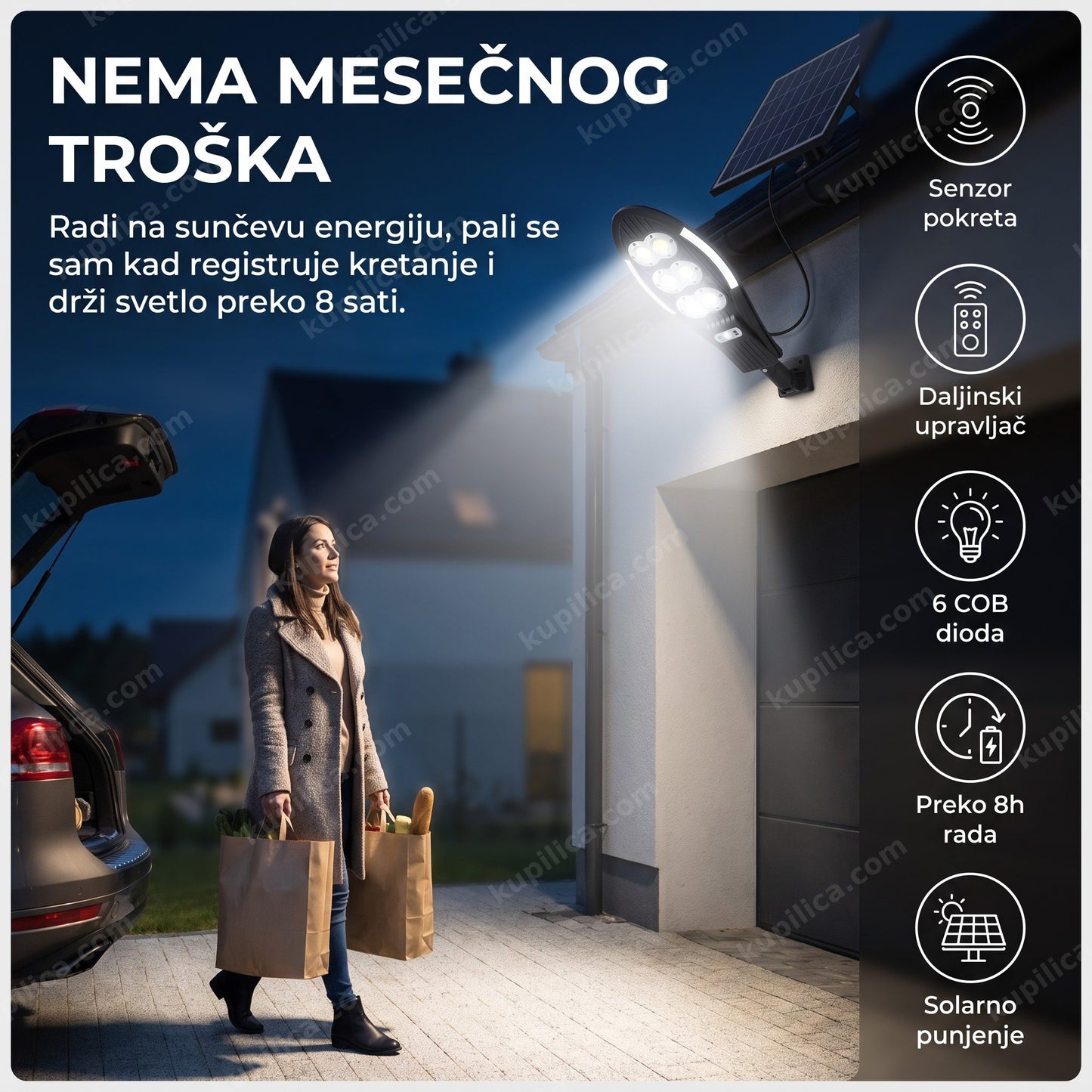 solarni reflektor 400w — reflektor se pali na pokret pored prilaza za kola uveče, šest cob dioda, solarno punjenje bez struje iz kuće