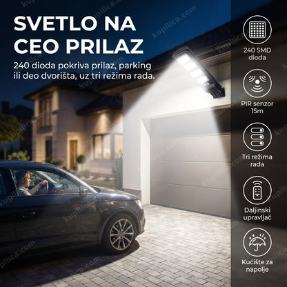Solarni reflektor W555A-4 400W sa senzorom pokreta i daljinskim upravljačem osvetljava parking ispred kuće