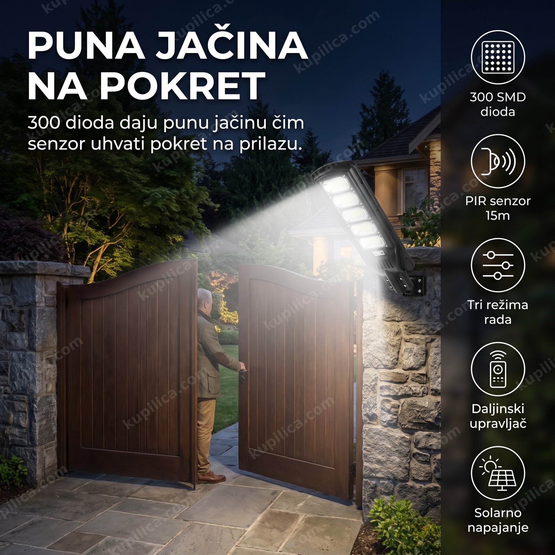Solarni reflektor W555A-5 500W sa senzorom pokreta i daljinskim upravljačem na zidu kod kapije