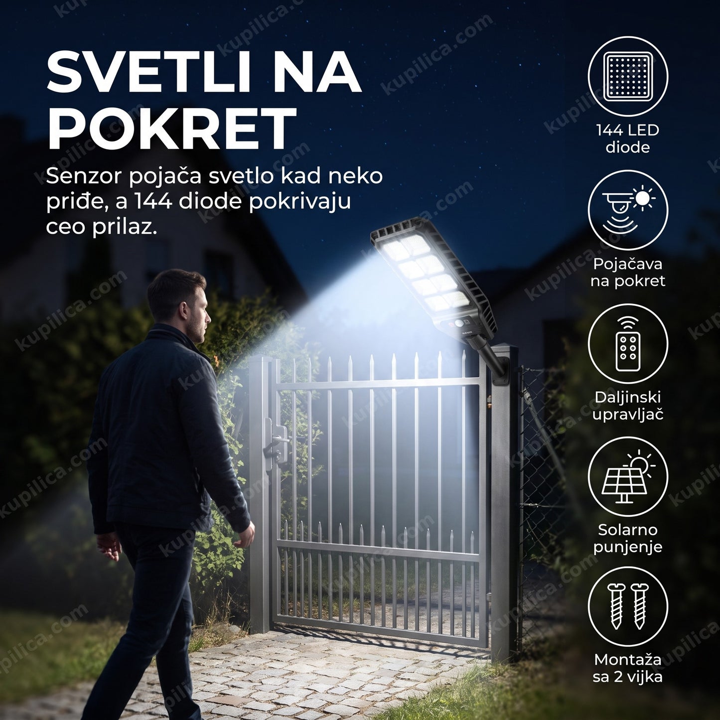 solarni reflektor aerbes 200w ab-ty238 sa senzorom pokreta — muškarac prilazi kapiji noću, reflektor se pali na pokret, 144 led diode
