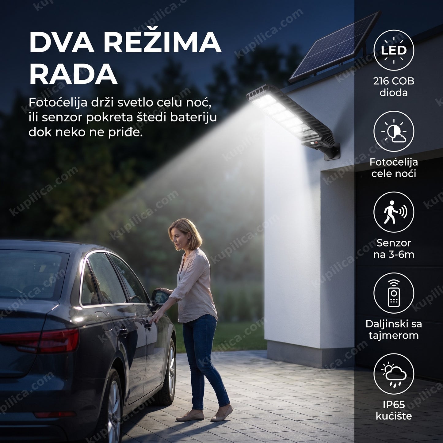 solarni reflektor aerbes 400w sa senzorom pokreta — žena parkira auto ispred kuće noću, reflektor osvetljava prilaz, 216 cob dioda