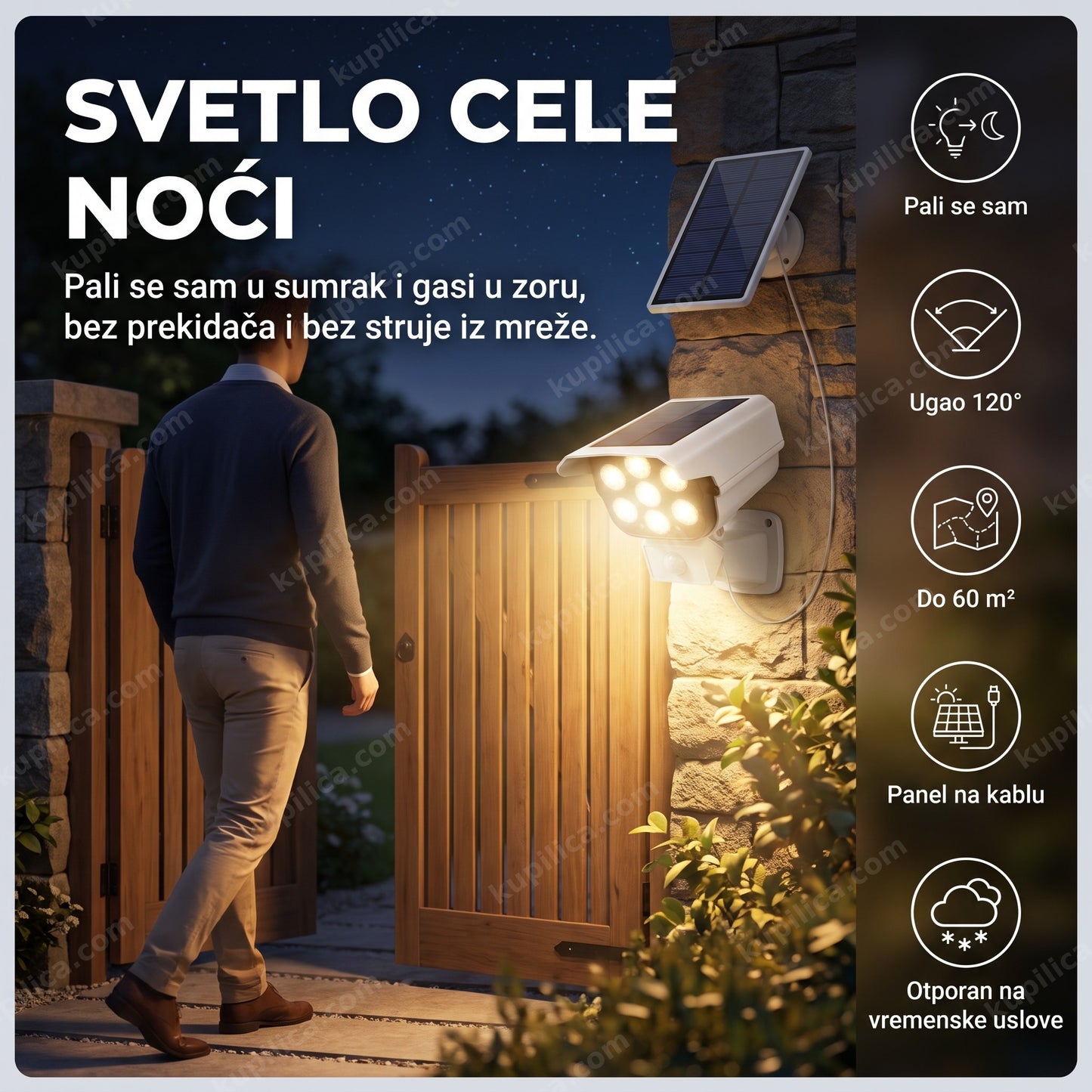 Solarni reflektor JLP-2178 150W montiran pored dvorišne kapije, osvetljava prilaz noću