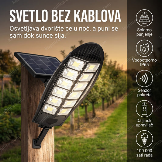 solarni reflektor montiran na stub u dvorištu pored voćnjaka u suton sa vidljivim solarnim panelom, prikaz benefiti proizvoda