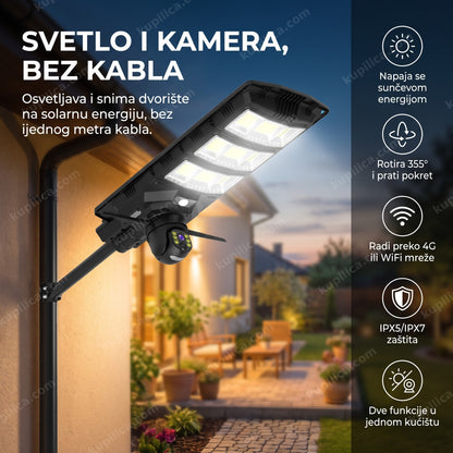 solarni reflektor sa PTZ kamerom montiran na zidu dvorišta uveče, benefiti proizvoda