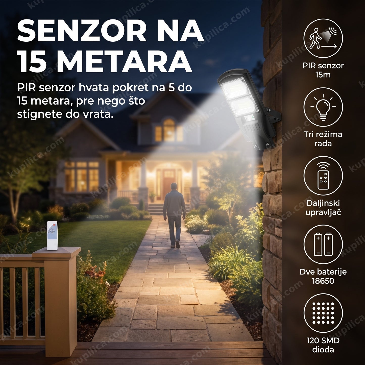 Solarni reflektor W555A-2 200W sa senzorom pokreta i daljinskim upravljačem na zidu pored prilaza