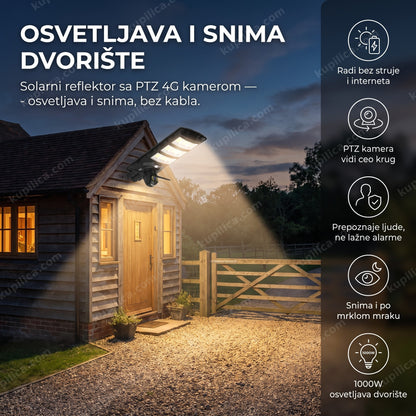 solarni reflektor 1000w sa ptz 4g kamerom montiran iznad ulaza vikendice uveče — benefiti proizvoda