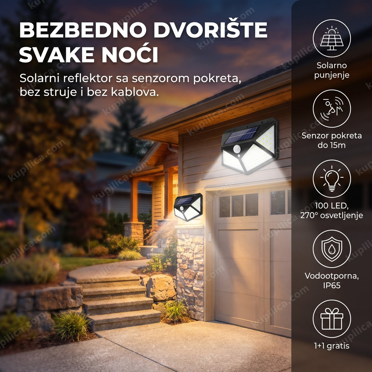 led solarni reflektor sa senzorom pokreta na kući, prikaz benefita proizvoda
