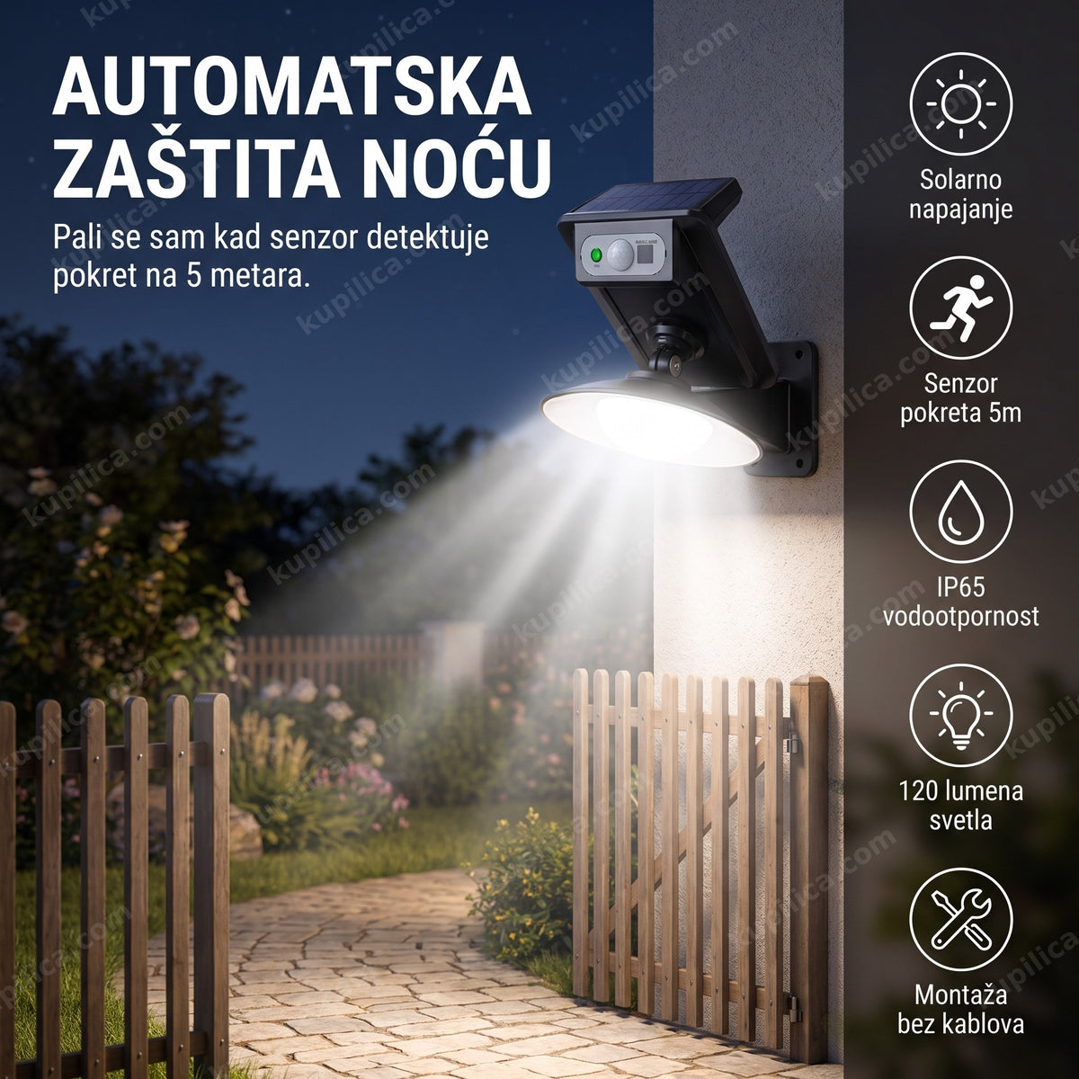 solarni reflektor sa senzorom pokreta montiran na zid dvorišta noću