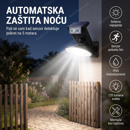 solarni reflektor sa senzorom pokreta montiran na zid dvorišta noću