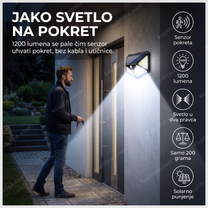 Solarni reflektor TA003 100 LED sa senzorom pokreta, 1200 lm, montiran na zid pored vrata